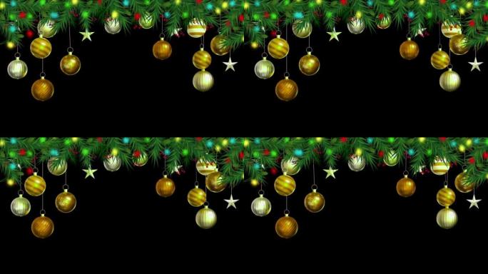 黑色背景上的动画黄色球，用于设计圣诞节或新年模板。