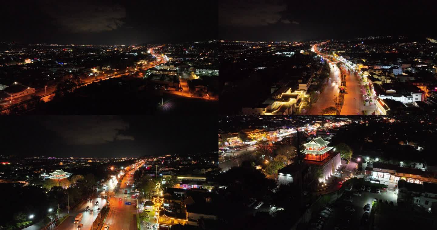 航拍大理城市夜景空镜