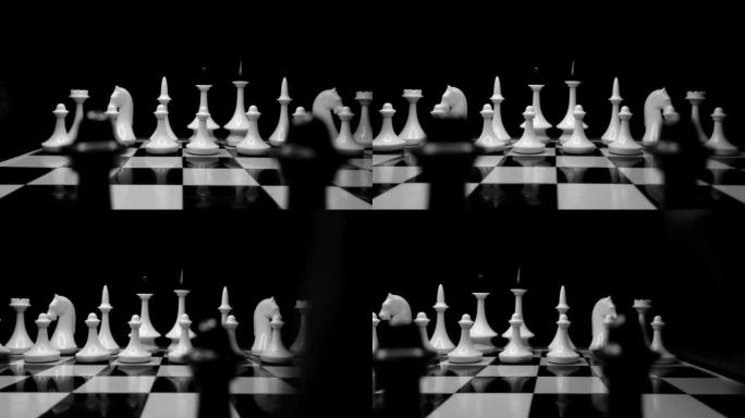 黑色背景下国际象棋的电影跟踪镜头-商业和竞争的概念