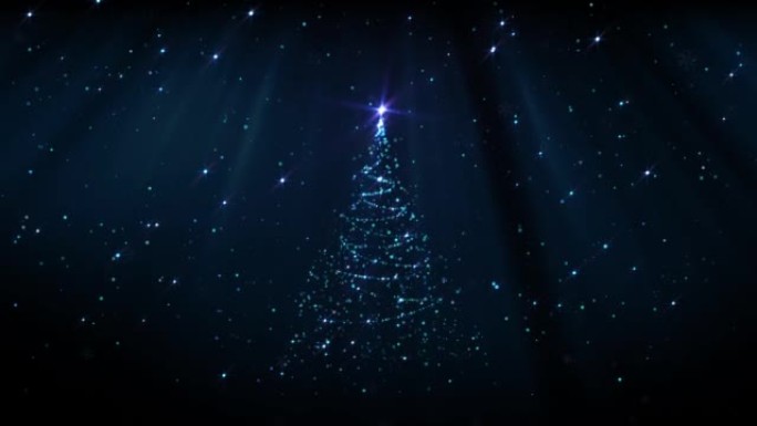 带有闪闪发光颗粒背景的抽象圣诞树，带有蓝色徽标或文本的复制空间