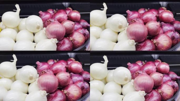 超市里紫色洋葱和白色甜西班牙洋葱的特写镜头