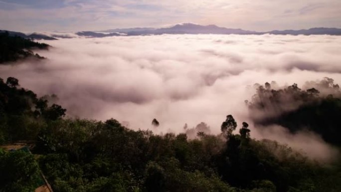 高角度视角无人机视图的雾在雨季越过山，美丽的日出天空云创造自然视频场景。4k高质量镜头