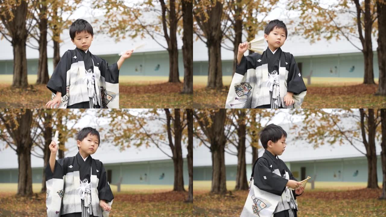 5岁日本男孩身穿hakama在石石山拍摄纪念照