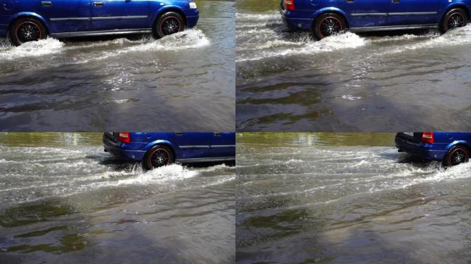 一场雨后城市里的洪水。汽车沿着街道行驶。