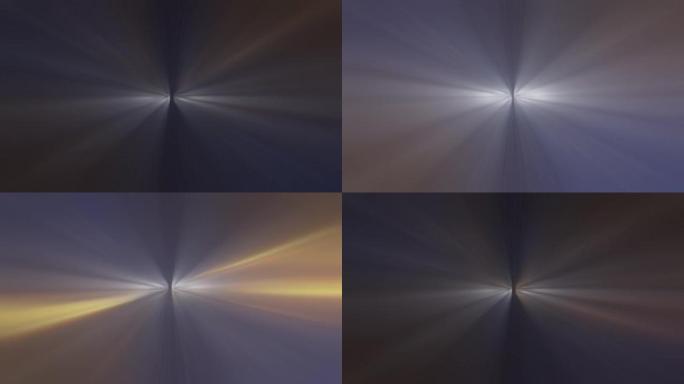 抽象循环暗多色径向耀斑光与中心耀斑光火花。4K 3D分形无缝循环无限复杂发光径向光条纹