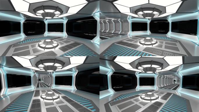 3D电脑游戏科幻小说。宇宙飞船内部有发光的霓虹灯。带有圆圈背景的空间站未来走廊。3d渲染