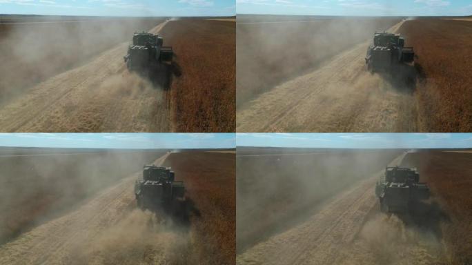 农业机械在田间收割谷物，航拍。麦田联合收割机的无人机视图。