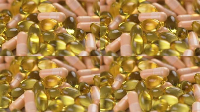 复合维生素b胶囊和omega 3药丸的混合特写