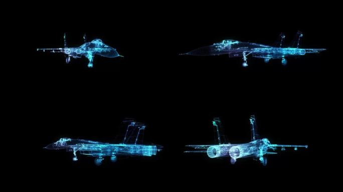 战斗机从抽象的多边形线飞行。低聚战斗机在运动中，线路与连接形成。旋转无缝循环。三维数字技术可视化