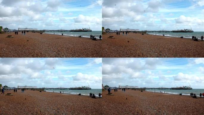 美丽的布莱顿海滩4k视频。英国布莱顿的神奇日落和暴风雨天气。