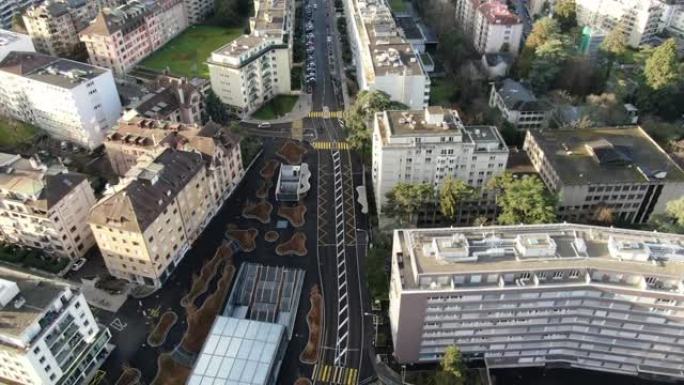 瑞士日内瓦市Champel火车站的4k航拍画面，街道空荡荡