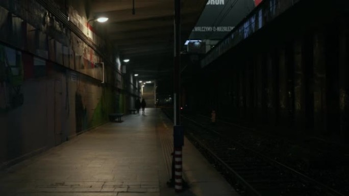 废弃的铁路/地铁站台。犹太人区。夜市阴雨秋雾天气。哥谭市情绪。电影风格。
两个人正沿着火车站的平台行