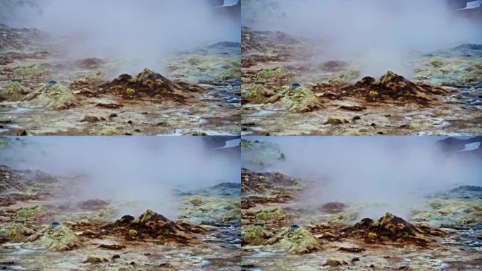 冰岛Myvatn蒸腾的喷气孔的镜头