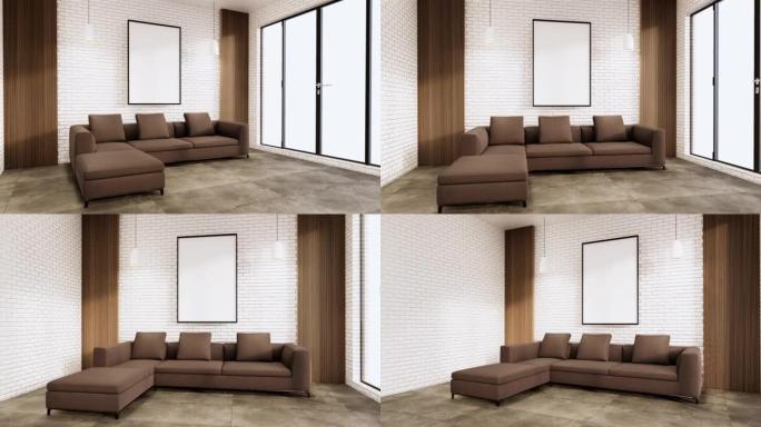日本室内无印良品沙发和装饰wabisabi。3D渲染