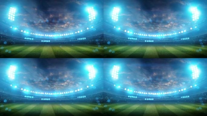 白天，在一个充满球迷的体育场里，空的绿草操场，