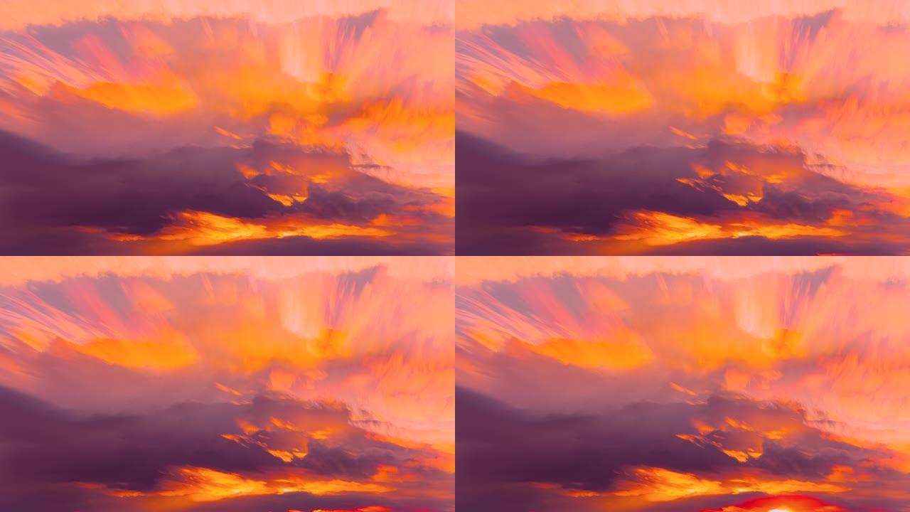 云迹的惊人效果。4k延时不寻常的云效果。天空背景。柔和的颜色。日出天空自然背景。幻想云。阳光透过云层