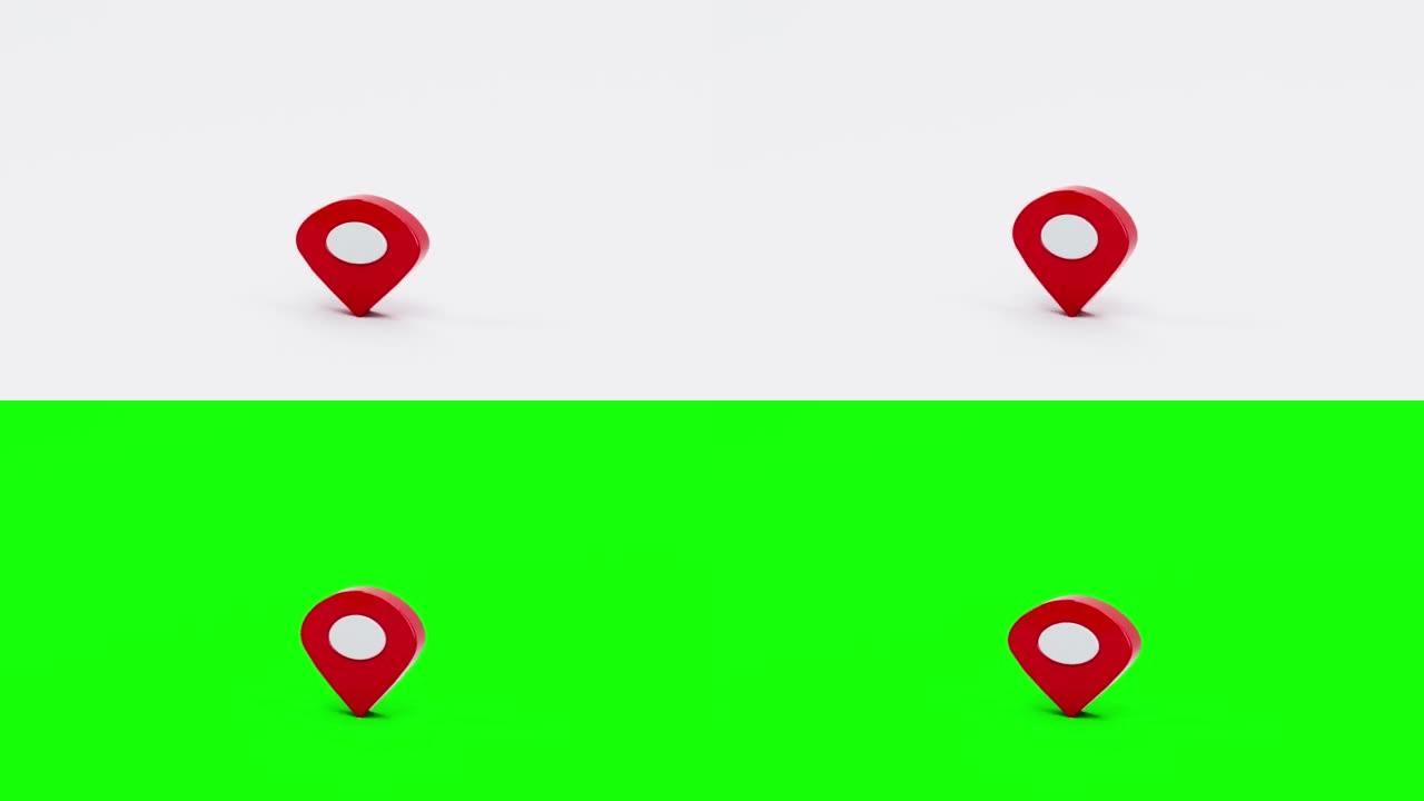 3D闪亮红色现实地图图钉指针、地图标记、位置符号-4k股票视频白色和绿色屏幕