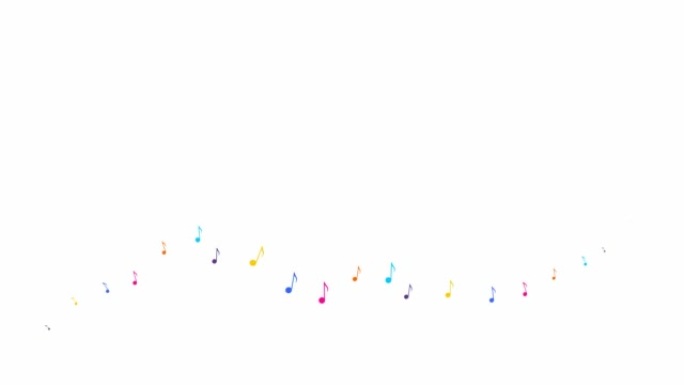动画彩色音符从左到右飞行。一波飞扬的音符。音乐的概念。矢量插图孤立在白色背景上。