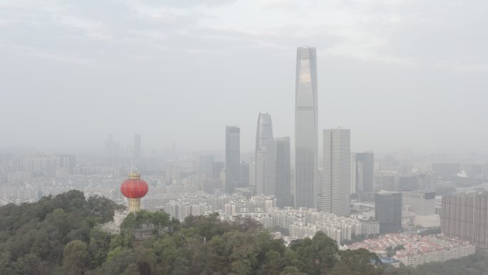 广东省东莞清晨航拍旗峰山国贸地标