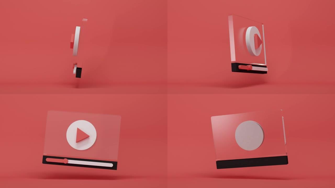 红色背景上的玻璃视频播放器。抽象循环动画