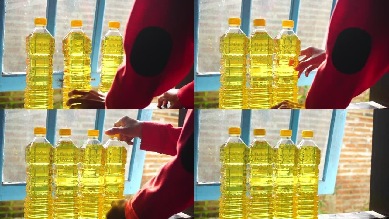 瓶子里食用油的镜头