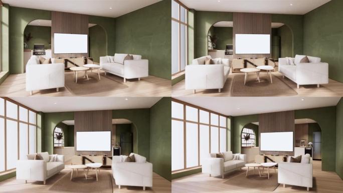 绿色房间橱柜木质室内wabisabi和扶手椅沙发和装饰日式。3d渲染