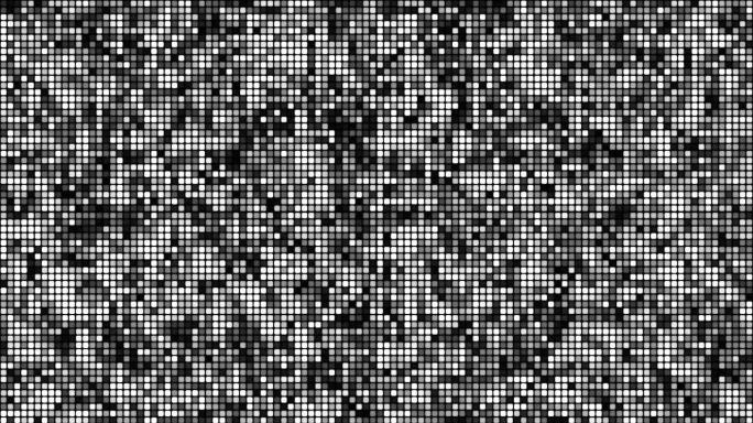 黑色背景循环上的白色浮动网络方块。慢速混沌像素拼接无缝动画。