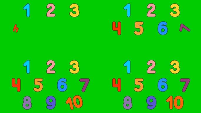 有趣的孩子从1到10五颜六色的数字。多色矢量插图孤立在绿色背景上。