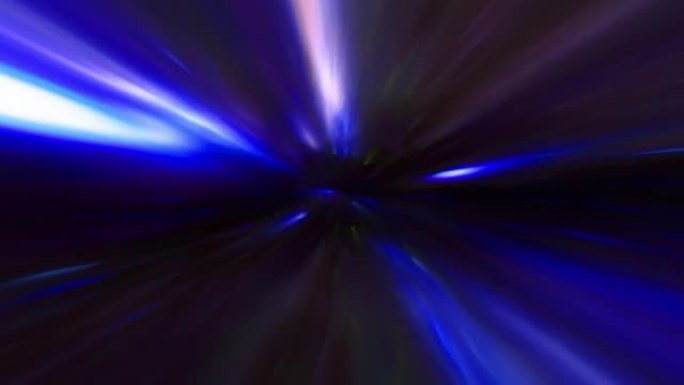 4k抽象蓝色和暗超空间经纱隧道穿越时空动画。循环科幻星际旅行穿过超空间涡旋隧道中的虫洞。抽象传送速度