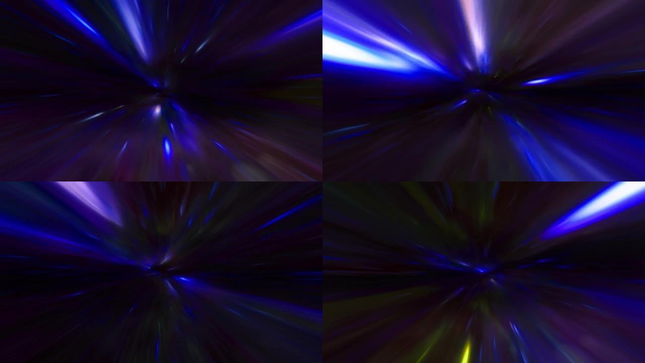 4k抽象蓝色和暗超空间经纱隧道穿越时空动画。循环科幻星际旅行穿过超空间涡旋隧道中的虫洞。抽象传送速度