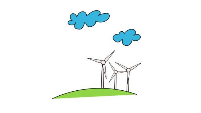 三个风车站在绿色的田野上旋转，动画
