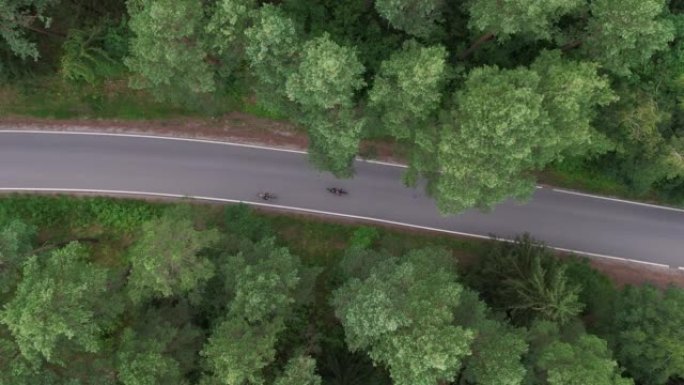 专业自行车手在乡村公路森林骑行的鸟瞰图。夏日的运动训练锻炼。健康的生活方式。对骑自行车穿过森林路的骑