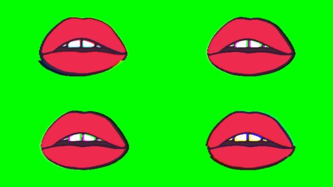 绿色背景上有毛刺效应的嘴或嘴唇。表情符号运动图形。