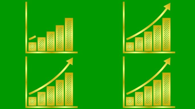 带有趋势线图的动画财务增长图。黄金符号经济增长条形图。循环视频。矢量插图孤立在绿色背景上。