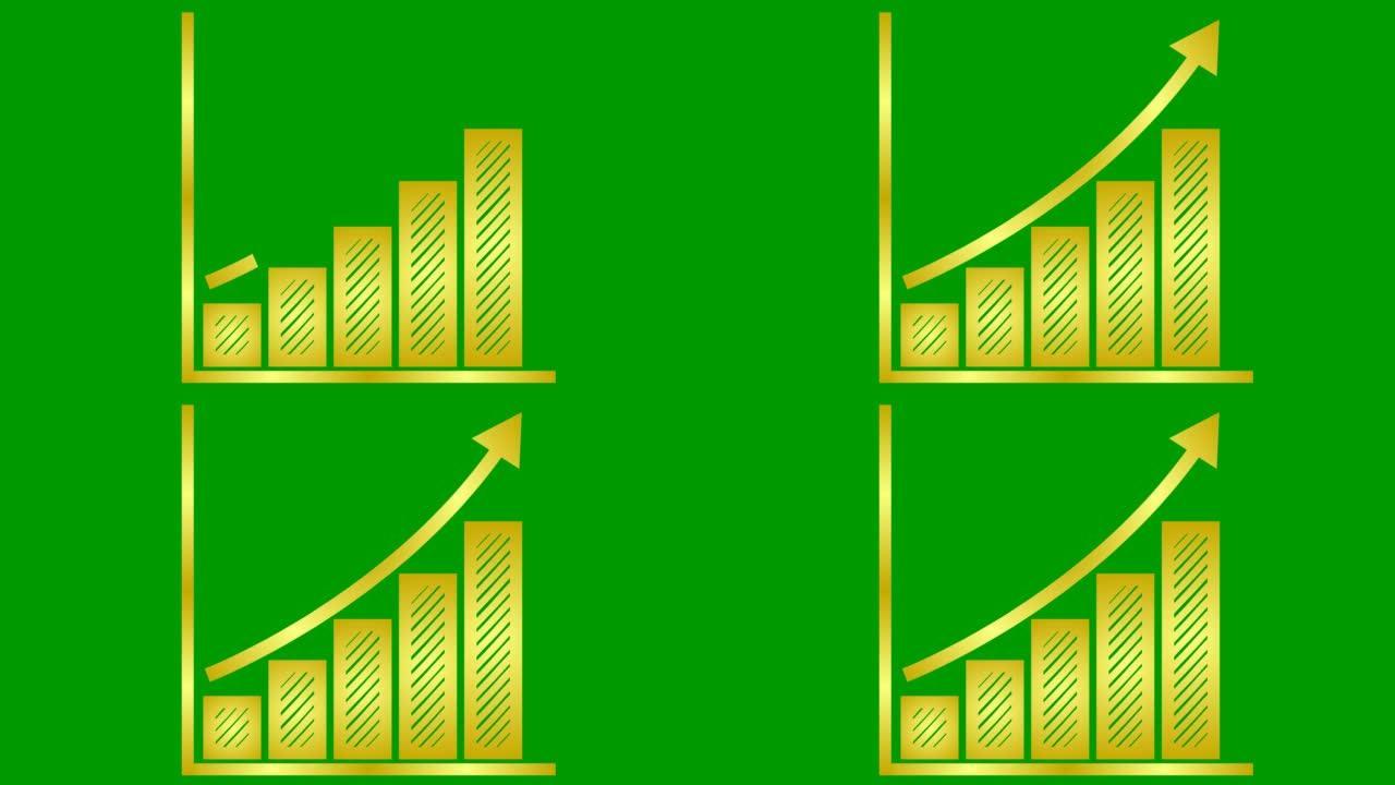 带有趋势线图的动画财务增长图。黄金符号经济增长条形图。循环视频。矢量插图孤立在绿色背景上。