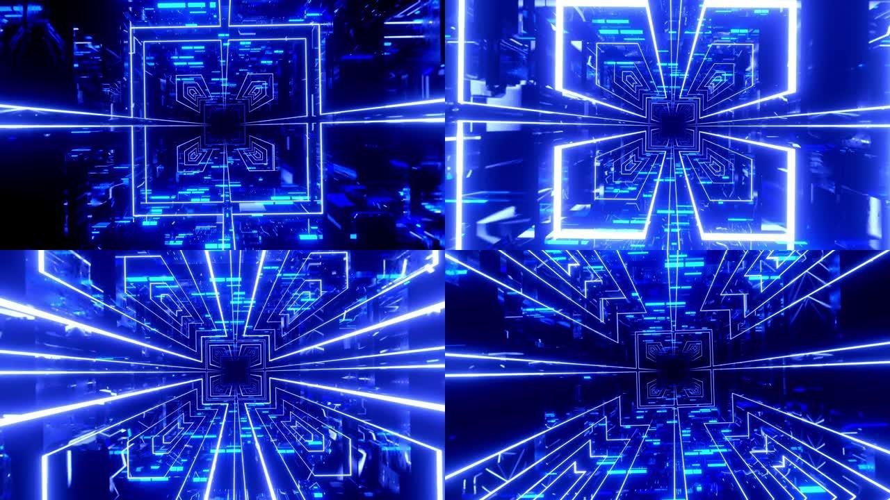 高科技霓虹灯科幻tunel。科幻霓虹全息图。时尚的霓虹灯辉光线在镜面隧道中形成图案和结构。飞越技术网