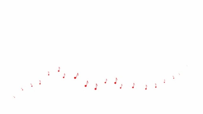 动画红色音符从左到右飞行。一波飞扬的音符。音乐的概念。矢量插图孤立在白色背景上。