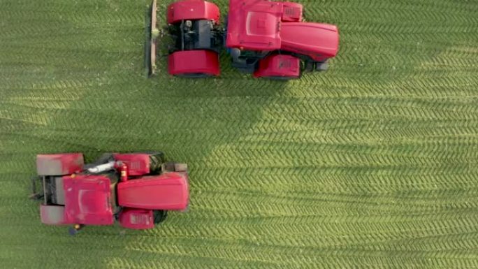 两辆红色拖拉机在筒仓沟里捣毁青贮饲料。动物饲料。Ensiling是一种书签和饲料作物的储存，没有空气