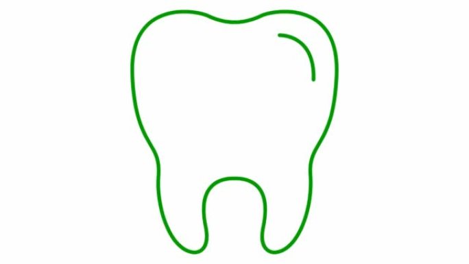 动画牙齿符号是逐渐绘制的。透明牙齿的线性绿色图标。牙科概念。循环视频。矢量插图孤立在白色背景上。