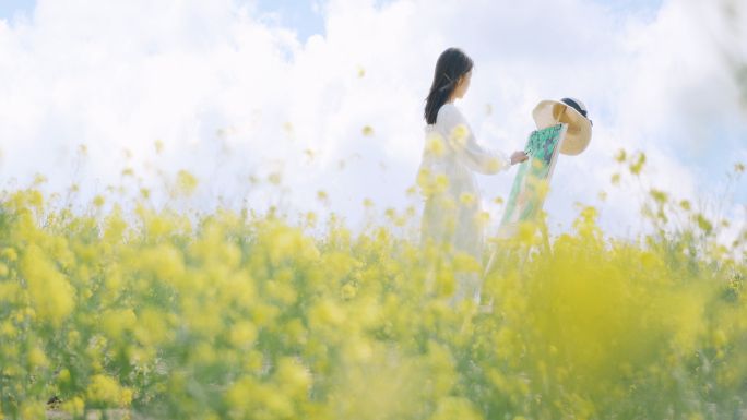 美女户外画画 油菜花美女 日系小清新美女