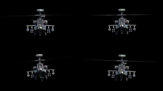 军用直升机悬停前可循环逼真的直升机动画。透明Alpha视频剪辑
