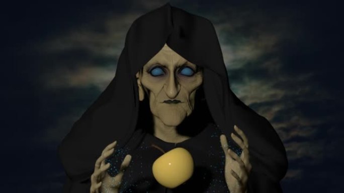 令人毛骨悚然的盲人女巫用她的黑暗魔法3D 4k动画让一个苹果中毒