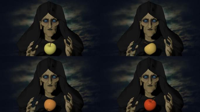 令人毛骨悚然的盲人女巫用她的黑暗魔法3D 4k动画让一个苹果中毒