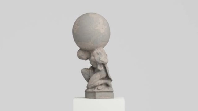 阿特拉斯雕像托起地球天界纯白色混凝土水泥纹理。3d插图渲染旋转循环