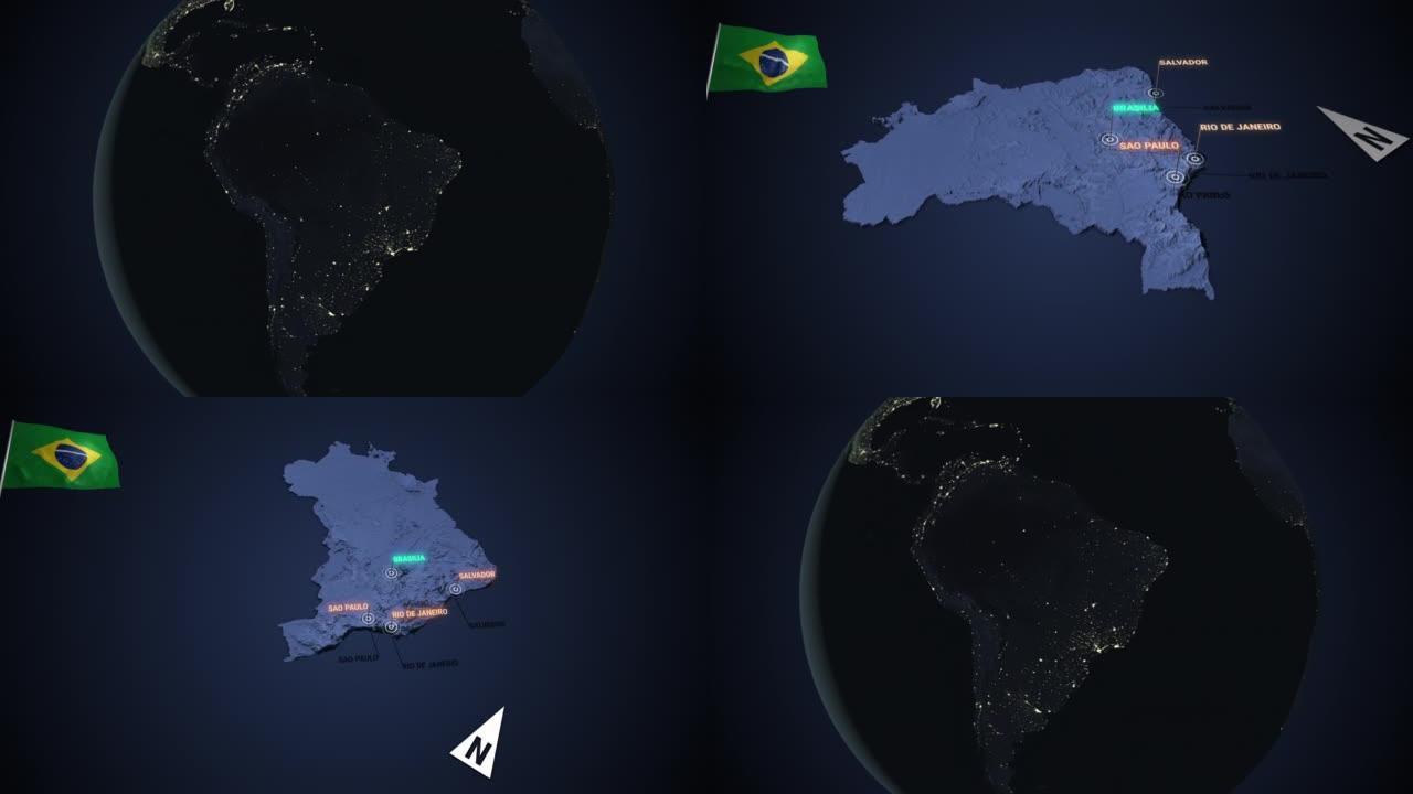 放大到巴西的3d地图之夜
