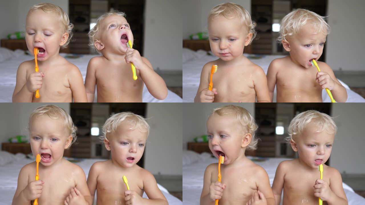 早上的卫生习惯。金发双胞胎婴儿刷牙。孩子们从小就学习如何刷牙，以获得健康的牙齿和良好的牙龈。口腔卫生