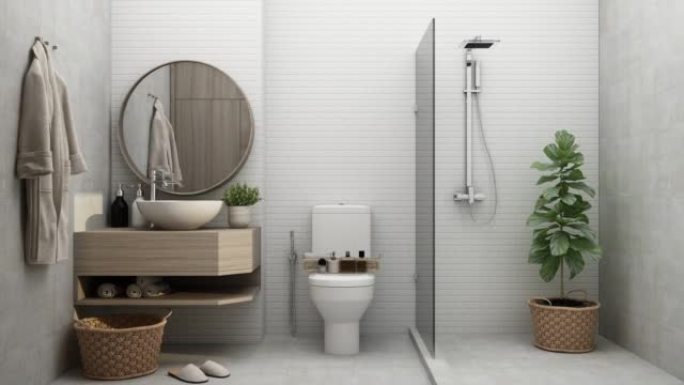 创建酒店浴室厕所，白色和瓷砖墙壁，混凝土地板，花盆附近的淋浴和带有圆形镜子的木制台面上的水槽。木制装