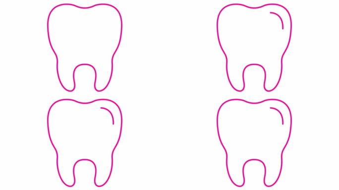 动画牙齿符号是逐渐绘制的。透明牙齿的线性粉色图标。牙科概念。循环视频。矢量插图孤立在白色背景上。