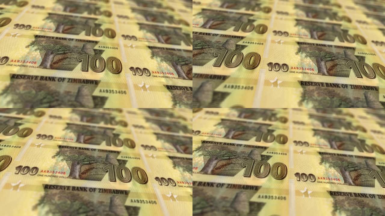 津巴布韦美元印刷机打印出当前美元钞票，无缝循环，亚美尼亚货币货币背景，4K，焦点深度平滑和Nice股