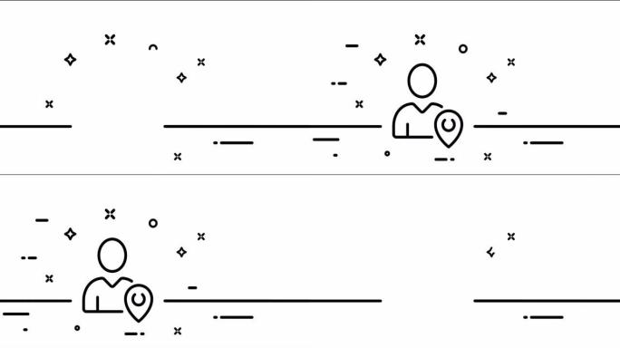 有指针的人。按钮位置，地理位置，路线，地图，距离，范围。目的地概念。一个线条画动画。运动设计。动画技